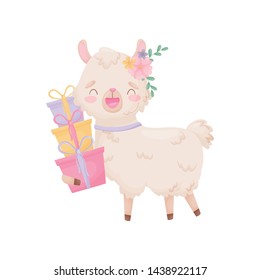 Cute cartoon llama holding gifts. Vector illustration on white background.