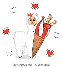 Cute cartoon llama holds a big ice cream. Summer animal vector illustration on white background with red hearts. 