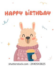 Cute cartoon llama illustration.Alpaca with a glass of coffee. Birthday card. Children's illustration for books, stationery, prints

