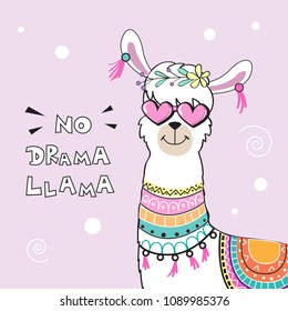 cute cartoon llama with an inscription no drama llama on a pink background