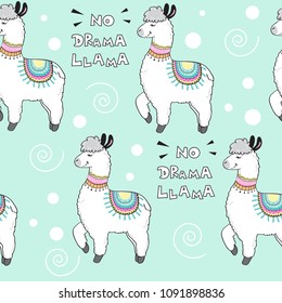 cute cartoon llama with an inscription no drama llama on a blue background seamless pattern