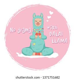 cute cartoon llama with an inscription no drama llama on a pink background