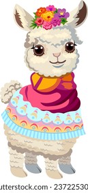 Cute cartoon llama in a knitted poncho and flowers on his head Vector
