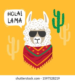 Cute cartoon llama with lettering Hola (Hello in Spanish). Vector illustration for birthday cards, party invitations, posters