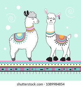 cute cartoon llama on a blue background