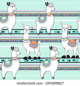 Cute Cartoon Llama On A Blue Background Seamless Pattern