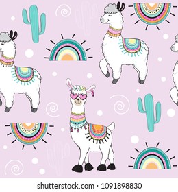 Cute Cartoon Llama On A Pink Background Seamless Pattern