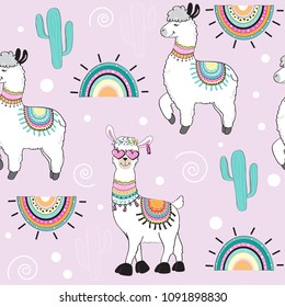 cute cartoon llama on a pink background seamless pattern