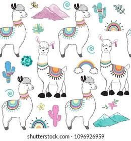 cute cartoon llama on a white background seamless pattern