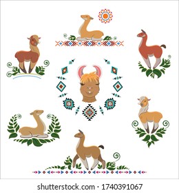 Cute cartoon llama. Ornament of South America. Set of greeting cards, banners and design. Alpaca. Vector illustration