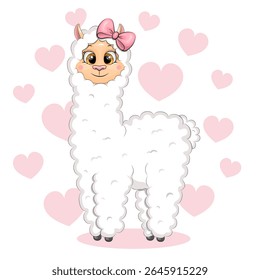 Cute Cartoon Llama with pink and hair bow. Vector Illustration with animal on white background with pink hearts.