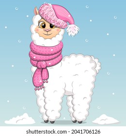 Cute cartoon llama with pink hat and scarf. Winter vector illustration of animal on blue background with snow.