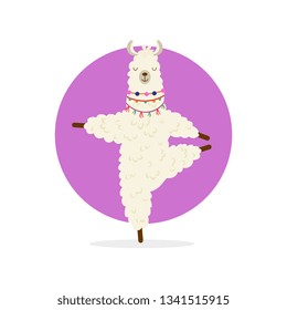 Cute cartoon llama practicing yoga pose. Animal yoga. Relaxation and meditation illustration.