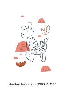 Cute cartoon llama. Print for baby posters, cards, clothes, printable. Vector cartoon illustration. 