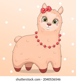 Cute cartoon llama with red bow and necklace. Vector illustration of an animal on a pink background with white dots.