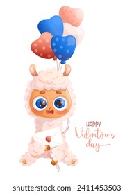 Cute cartoon Llama. Romantic alpaca with balloons ang love letter. Happy valentines day. Vector illustration .