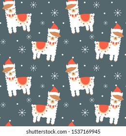 cute cartoon llama with santa hat christmas seamless vector pattern background illustration with snowflakes