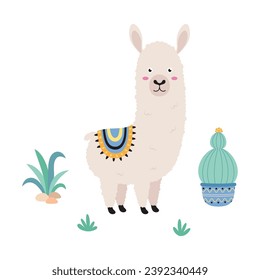 cute cartoon llama in scandinavian style, childish print for nursery, kids apparel, poster, postcard, flat vector Illustration