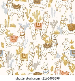 Cute cartoon llama seamless pattern. Hand drawn alpaca character illustration and cactus elements. Wrapping paper design. Vector illustration.