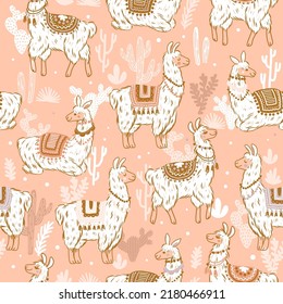 Cute cartoon llama seamless pattern. Hand drawn alpaca character illustration and various cactus elements. Wrapping paper design. Vector illustration