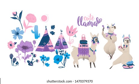 Cute cartoon llama set - funny alpaca dancing, traveling and drinking tea. Exotic animal with boho chic symbols, teepee and flowers in hand drawn style - isolated vector illustration collection