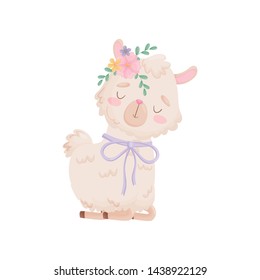 Cute cartoon llama sitting on his lap. Vector illustration on white background.