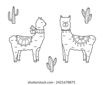 Cute cartoon llama sketch icon. Vector illustration of a funny animal coloring.
