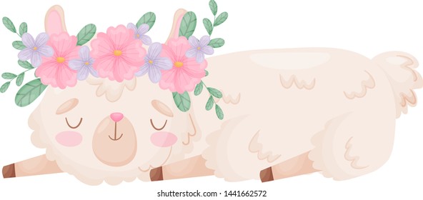 Cute cartoon llama sleeps. Vector illustration on white background.