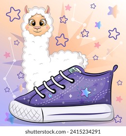 A cute cartoon llama with a sneaker. Vector illustration of an animal on a colorful background with stars.