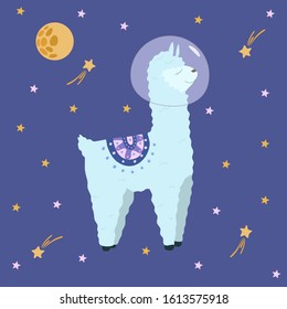 Cute cartoon llama in space with moon and stars, vector illustration alpaca in space