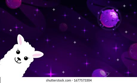 Cute cartoon llama in space with moon and stars. Vector illustration alpaca in space. Galaxy background. Concept of web banner.