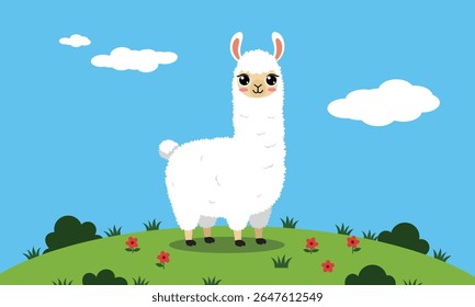 Cute cartoon llama standing on a grassy hill under blue sky with clouds and flowers, colorful children’s illustration with playful animal character in nature

