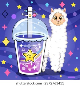 Cute cartoon llama with star drink. Vector illustration of an animal and a cup of colorful water on a dark blue background with stars and dots.