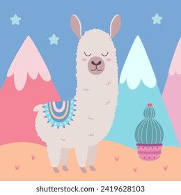 cute cartoon llama in traditional decorations staying near mountains and cactus, flat vector illustration