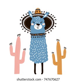 Cute cartoon llama with in tribal style. Childish print for nursery, kids apparel,poster, postcard. Vector Illustration