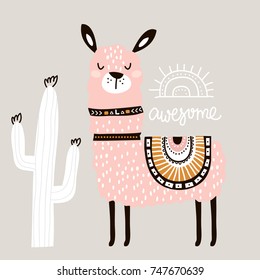 Cute cartoon llama with in tribal style. Childish print for nursery, kids apparel,poster, postcard. Vector Illustration