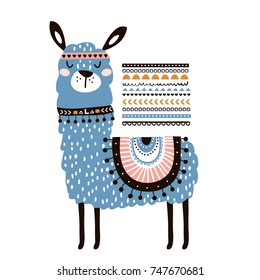 Cute cartoon llama with in tribal style. Childish print for nursery, kids apparel,poster, postcard. Vector Illustration