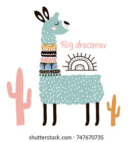 Cute cartoon llama with in tribal style. Childish print for nursery, kids apparel,poster, postcard. Vector Illustration