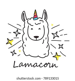 Dibujo animado de la llama unicornio diseño vectorial con estrellas. Cabeza de llama dibujada con una pegatina retrato de cuerno unicornio, placa de parche. Lama-maíz