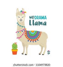 Cute cartoon llama vector design with No drama llama motivational quote. Hand drawn llama character illustration and cactus elements for nursery design, poster, greeting, birthday, party, baby shower