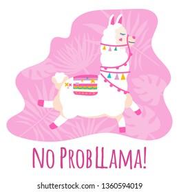 Cute cartoon llama vector design with No prob llama motivational quote