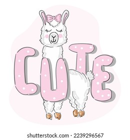 Cute cartoon llama vector design sticker isolated white with quote Cute lama