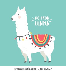 Cute cartoon llama vector design with No prob llama motivational quote