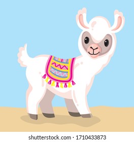 A cute cartoon Llama wearing a colorful folk blanket. Vector Illustration. 