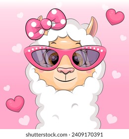 Cute cartoon llama wearing pink glasses and hair bow. Vector illustration of an animal on a pink background with hearts.
