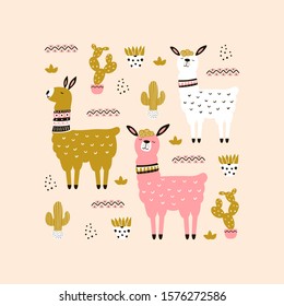 Cute cartoon llamas with cactus. Childish print for nursery, kids apparel, poster, postcard. Vector Illustration