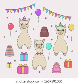 Cute Cartoon Llamas. Elements for Birthday Party Decoration, Invitation, Postcard, Poster, Banner. Vector Illustration Set. 