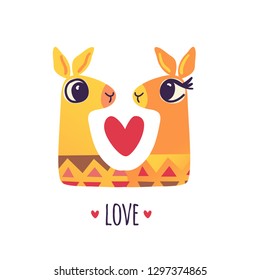 Cute cartoon llamas in love. Valentine's day illustration card.