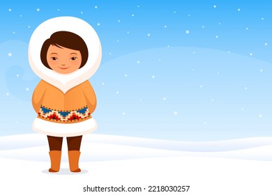 Cute Cartoon Llustration Of A Small Inuit Girl With Simple Snow Background. Eskimo Girl In Traditional Fur Coat.