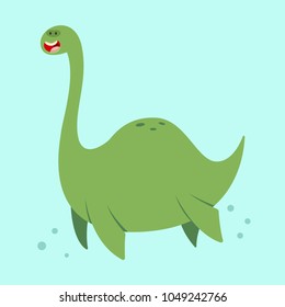 Cute cartoon loch ness monster. Vector illustration of a nessie character isolated on a blue background.